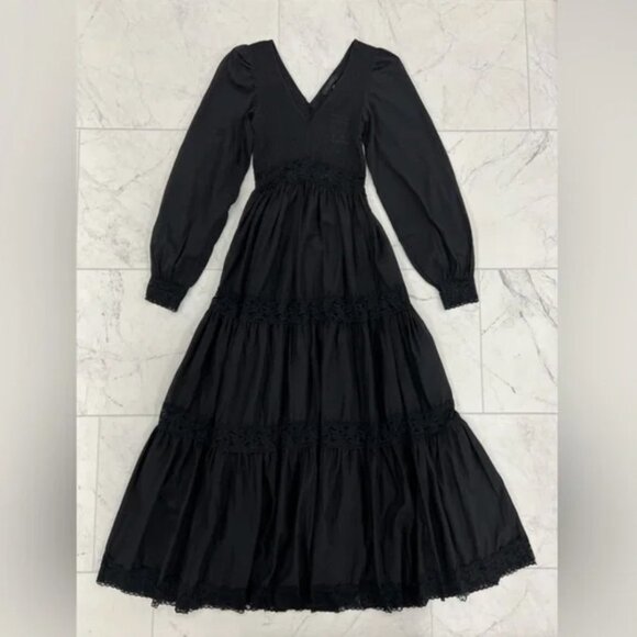 WIDOW Black puff long sleeve lacy tiered cottagegore empire waist maxi dress S - Picture 2 of 4
